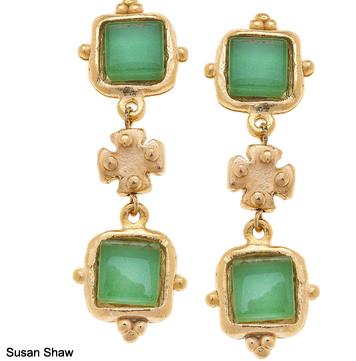 Handcast Gold Earrings with Lime Green French Glass and cross bead design