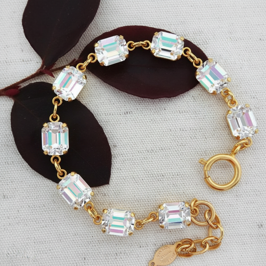Rectangular Iridescent Crystal Link Bracelet, Clear AB