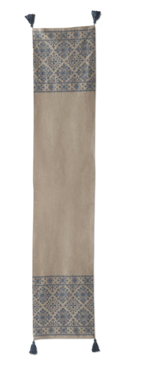 Beige and Blue Embroidered Table Runner w/ Tassles