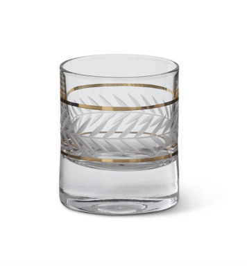 3.75 Inch Clear Glass Wheat Etched Gold Strip Low Ball Drinking Glass, set of 4
