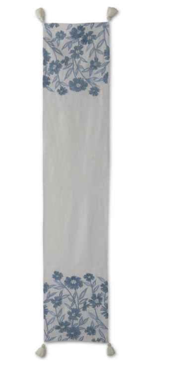 72 Inch White Linen & Blue Embroidered Floral Table Runner
