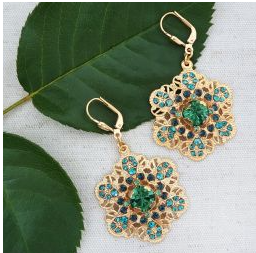 Vintage Gold Filigree Earrings, Teal, Blue Crystal