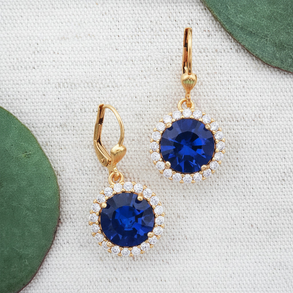 Fancy Round Crystal Drop Earrings,Royal Blue